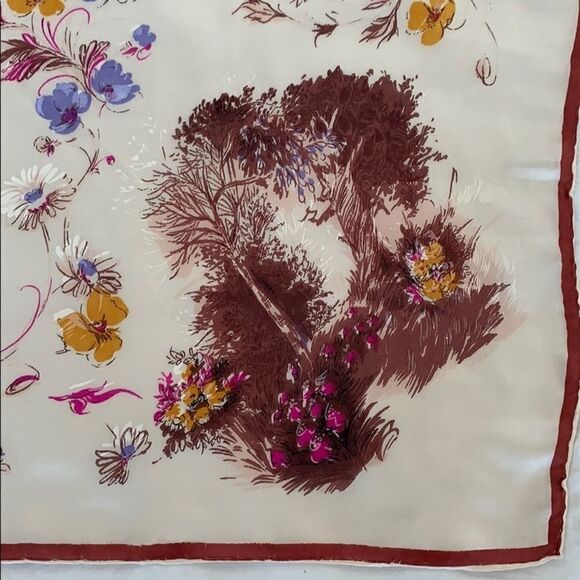 Vtg landscape design silk satin scarf brown border - Picture 7 of 9